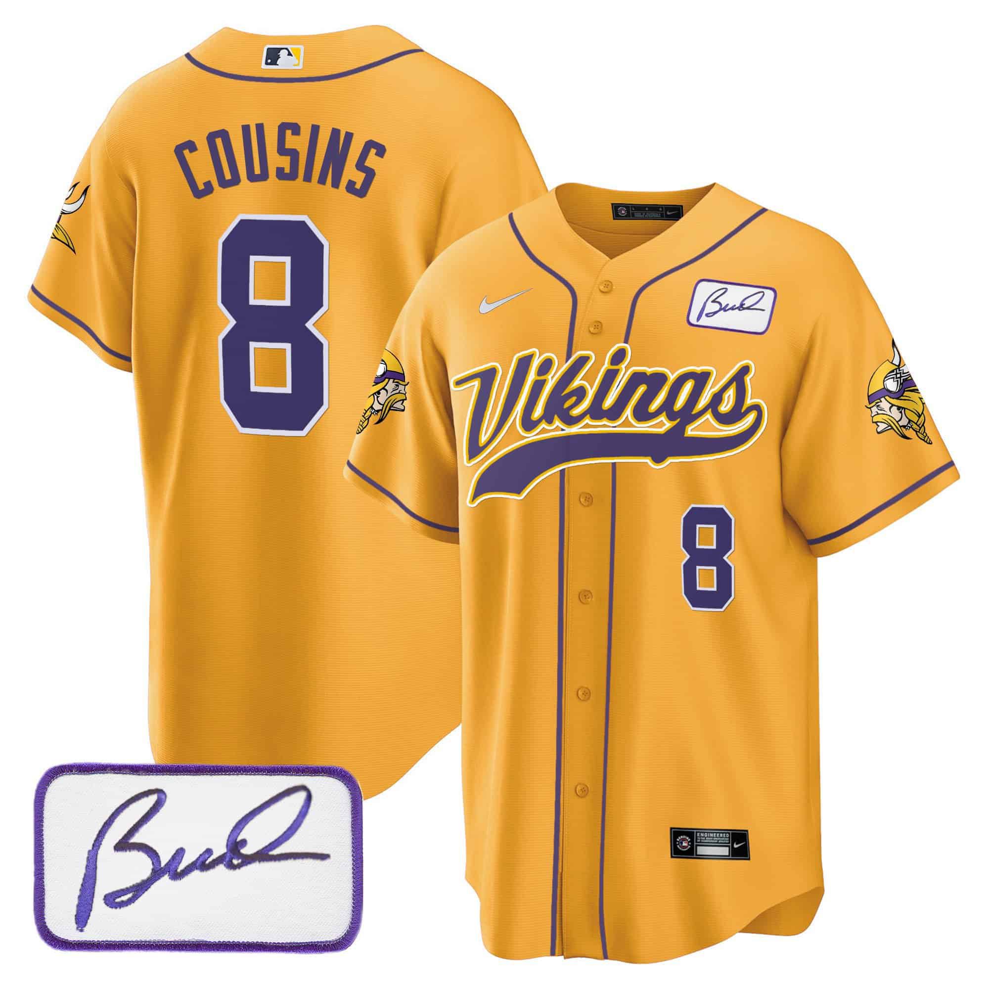 Men Minnesota Vikings #8 Cousins Yellow 2024 Nike Bud Grant Patch Classic Baseball NFL Jersey->indianapolis colts->NFL Jersey